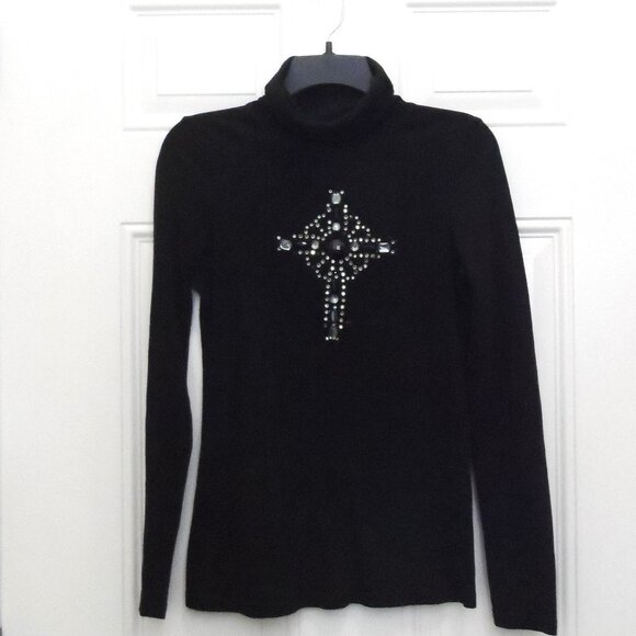 TWIK by Simons Mustard rhinestone cross Turtleneck Long Sleeve T-Shirt Size S - Picture 1 of 6